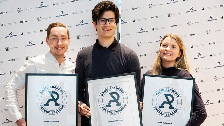 Årets vinnare av Ramo Academy Case Competition 2019 är (från vänster) Felix Svensson, Isaias Morales och Elsa Jacobsson.
