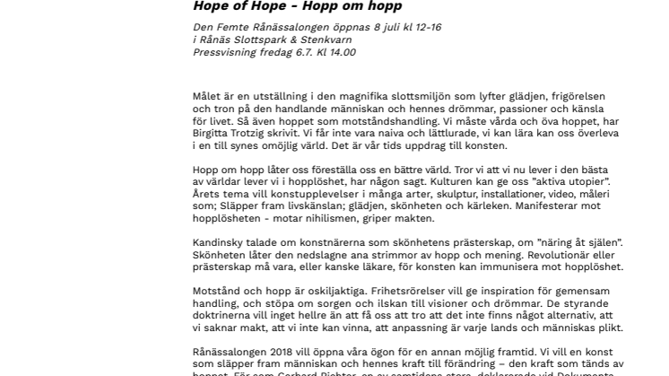 Hope of Hope - årets konstutställning på Rånäs Slott!