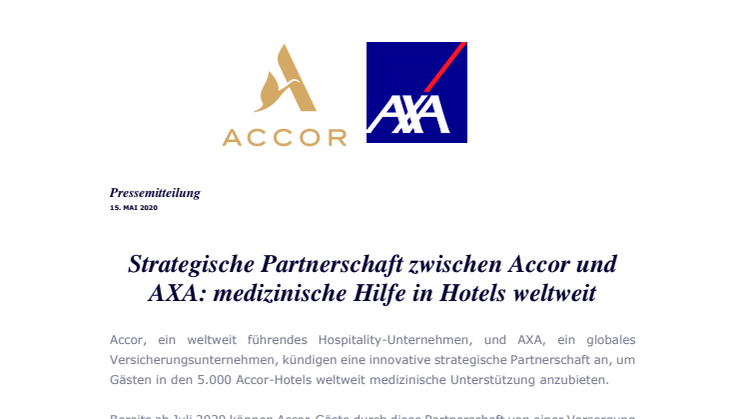 Strategische Partnerschaft zwischen Accor und AXA: medizinische Hilfe in Hotels weltweit