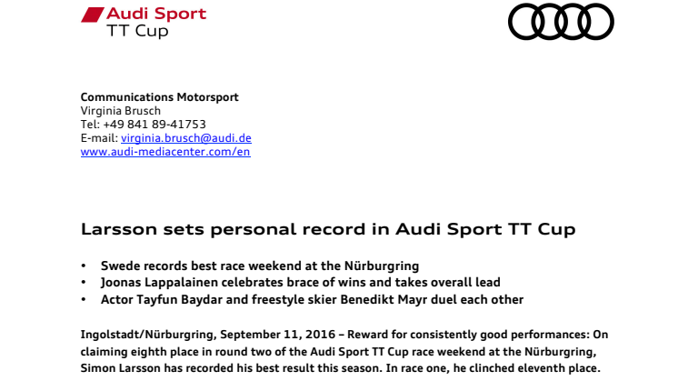 Simon Larsson personbästa på Nürburgring i Audi Sport TT Cup