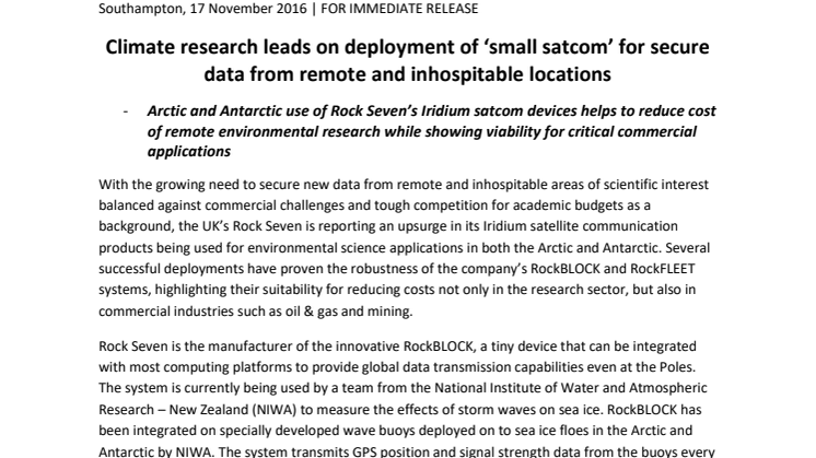 Rock Seven: Climate research leads on deployment of ‘small satcom’ for secure data from remote and inhospitable locations