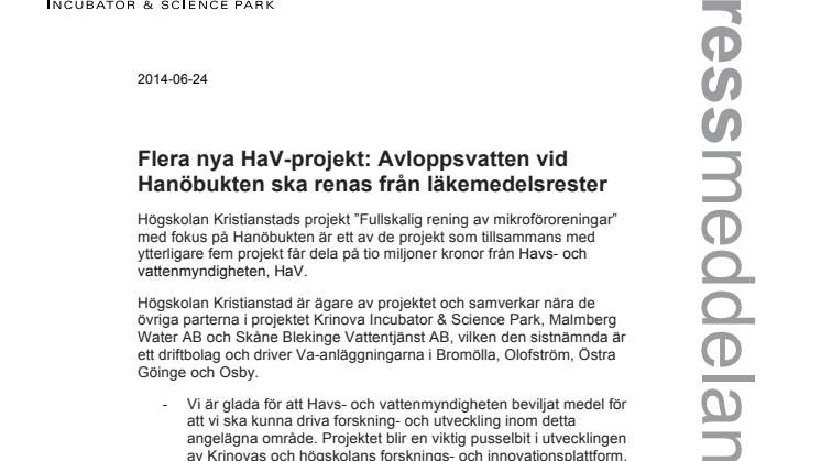 Flera nya HaV-projekt: Avloppsvatten vid Hanöbukten ska renas från läkemedelsrester