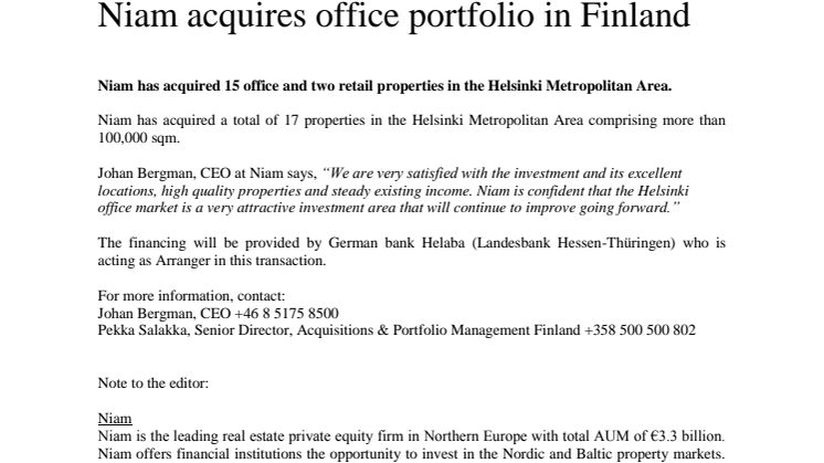 Niam acquires office portfolio in Finland