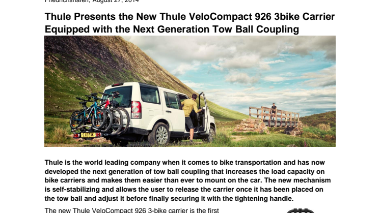 Thule Presents the New Thule VeloCompact 926 3bike Carrier Equipped with the Next Generation Tow Ball Coupling 