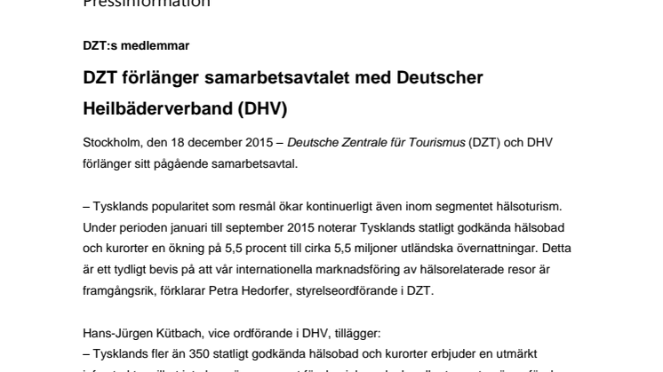 DZT förlänger samarbetsavtalet med Deutscher Heilbäderverband (DHV)