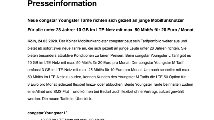 Neue congstar Youngster Tarife richten sich gezielt an junge Mobilfunknutzer