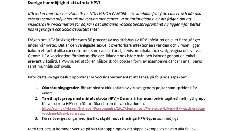 Sverige har möjlighet att utrota HPV!