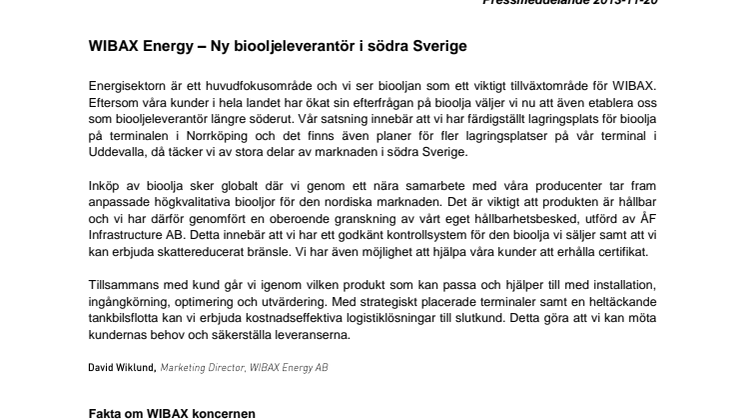 WIBAX Energy – Ny biooljeleverantör i södra Sverige