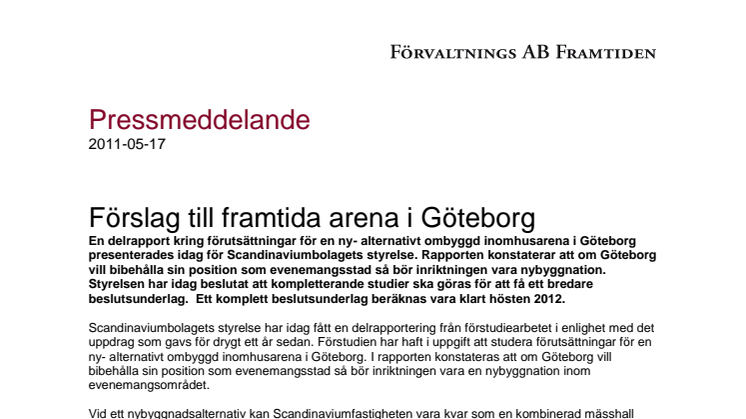 Förslag till framtida arena i Göteborg