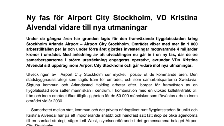 Ny fas för Airport City Stockholm, VD Kristina Alvendal vidare till nya utmaningar