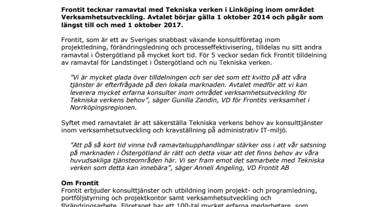 Frontit tecknar ramavtal med Tekniska Verken i Linköping