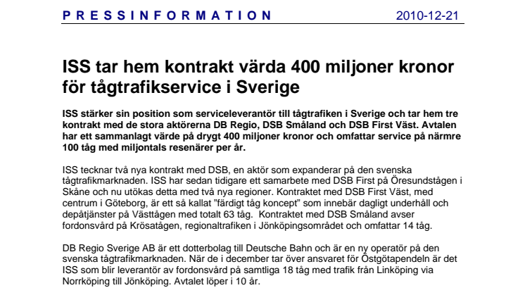 ISS tar hem kontrakt värda 400 miljoner kronor för tågtrafikservice i Sverige