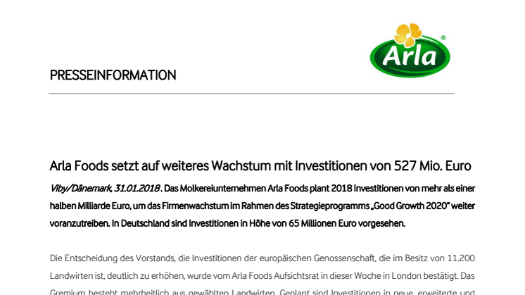 Arla Foods setzt auf weiteres Wachstum mit Investitionen von 527 Mio. Euro