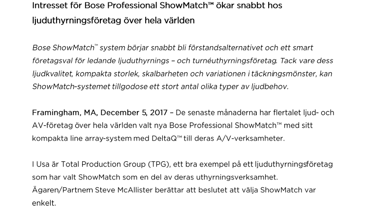 Intresset för Bose Professional ShowMatch™ ökar snabbt hos ljuduthyrningsföretag över hela världen