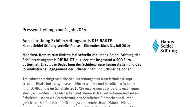 Ausschreibung Schülerzeitungspreis DIE RAUTE  Hanns-Seidel-Stiftung verleiht Preise – Einsendeschluss 31. Juli 2014