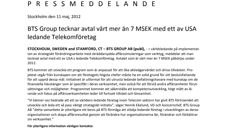 BTS Group tecknar avtal värt mer än 7 MSEK med ett av USA ledande Telekomföretag 