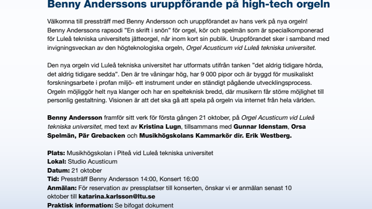 Benny Anderssons uruppförande på high-tech orgeln - Pressinbjudan 