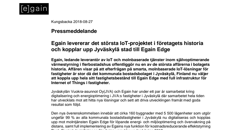Egain levererar det största IoT-projektet i företagets historia och kopplar upp Jyväskylä stad till Egain Edge