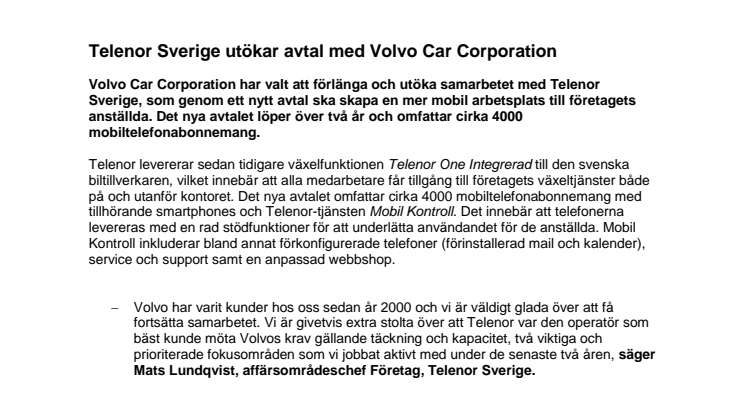 Telenor Sverige utökar avtal med Volvo Car Corporation
