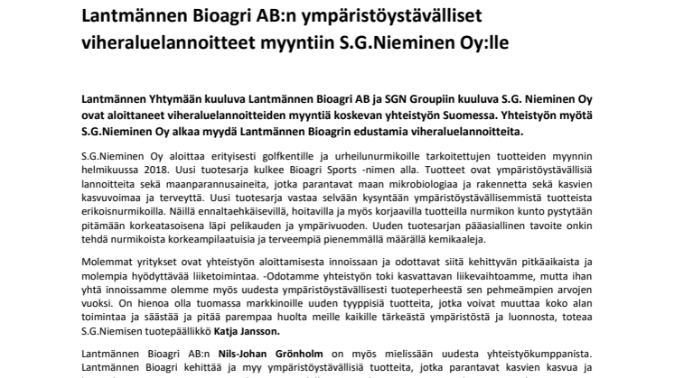 Lantmännen Bioagri AB:n ympäristöystävälliset viheraluelannoitteet myyntiin S.G.Nieminen Oy:lle