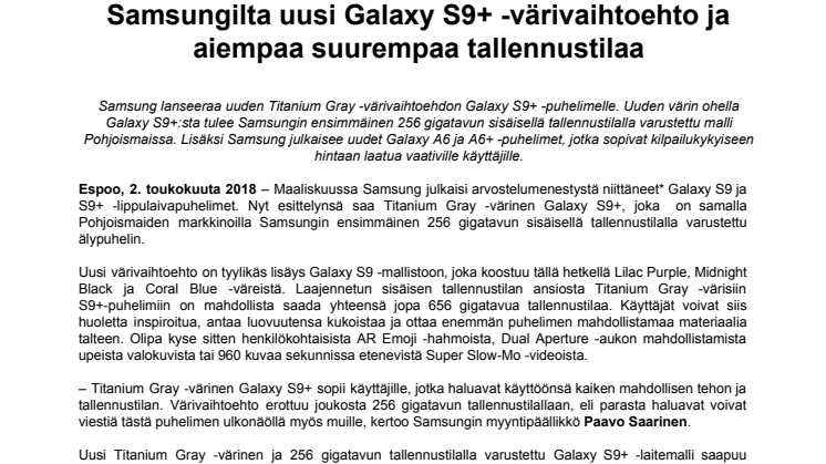 Samsungilta uusi Galaxy S9+ -värivaihtoehto ja aiempaa suurempaa tallennustilaa