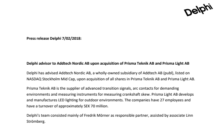 Delphi advisor to Addtech Nordic AB upon acquisition of Prisma Teknik AB and Prisma Light AB