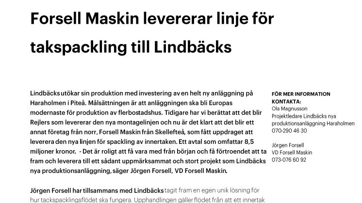 Forsell Maskin levererar linje för takspackling till Lindbäcks nya fabrik