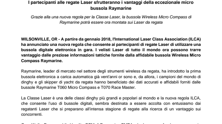 Raymarine: I partecipanti alle regate Laser sfrutteranno i vantaggi della eccezionale micro bussola Raymarine