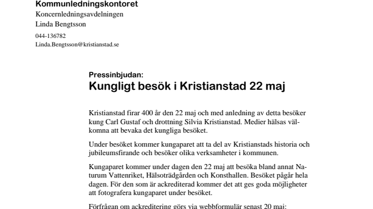 Pressinbjudan: Kungligt besök i Kristianstad 22 maj