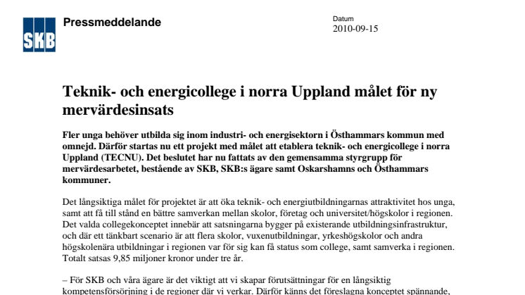 Teknik- och energicollege i norra Uppland målet för ny mervärdesinsats 