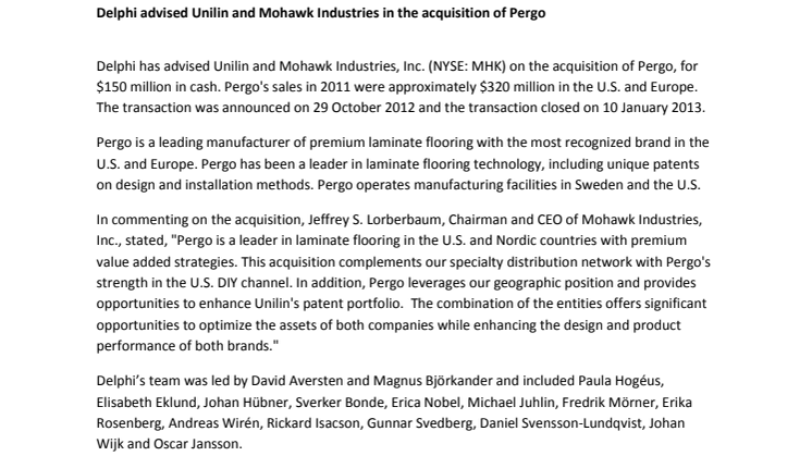 Delphi advised Unilin and Mohawk Industries in the acquisition of Pergo