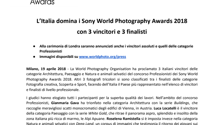 L’Italia domina i Sony World Photography Awards 2018  con 3 vincitori e 3 finalisti 