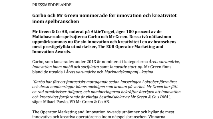 Garbo och Mr Green nominerade för innovation och kreativitet inom spelbranschen