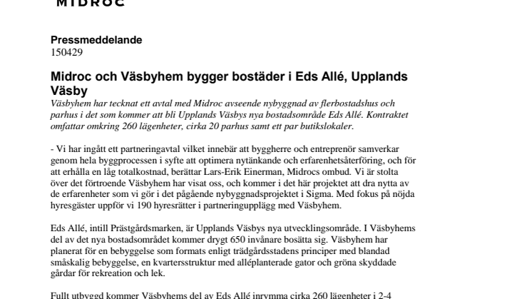 Midroc och Väsbyhem bygger bostäder i Eds Allé, Upplands Väsby