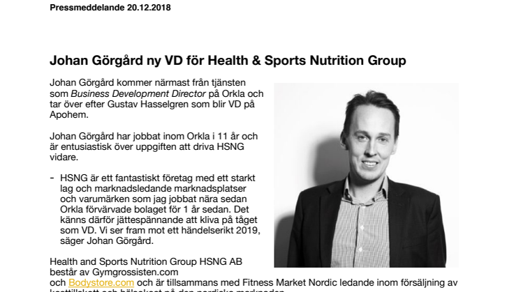 Johan Görgård ny VD för Health & Sports Nutrition Group