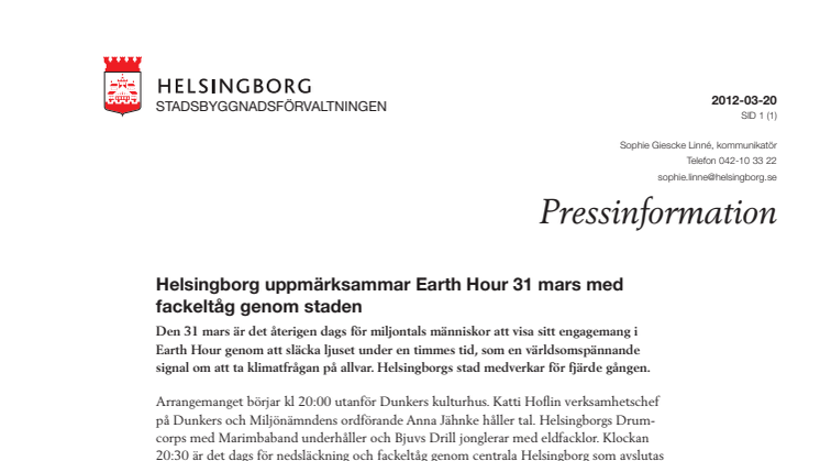 Helsingborg uppmärksammar Earth Hour 31 mars med fackeltåg genom staden