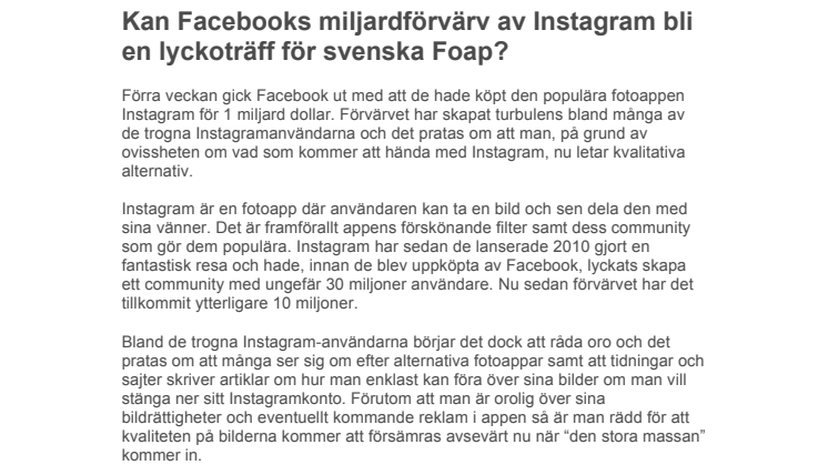 Kan Facebooks miljardförvärv av Instagram bli en lyckoträff för svenska Foap?