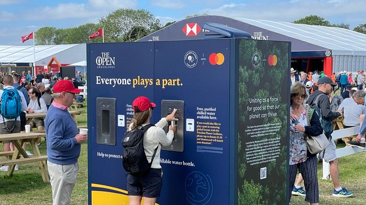 Bluewater sustainability-focused water stations will be hydrating fans, players and officials at five major championships in the UK and Ireland this summer (photo from 2021''s The Open)