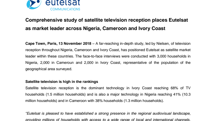 Comprehensive study of satellite television reception places Eutelsat as market leader across Nigeria, Cameroon and Ivory Coast