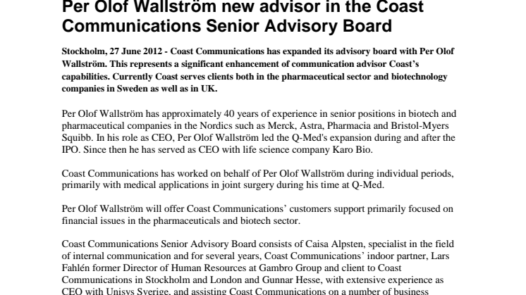 Per Olof Wallström new advisor in the Coast Communications Senior Advisory Board