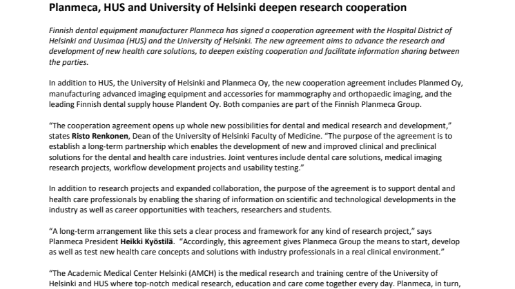 Planmeca, HUS and University of Helsinki deepen research cooperation