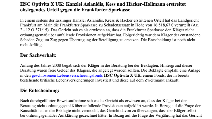 Rechtsanwälte Aslanidis, Kress und Häcker-Hollmann erstreiten obsiegendes Urteil gegen Frankfurter Sparkasse