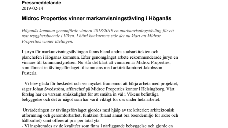 Midroc Properties vinner markanvisningstävling i Höganäs