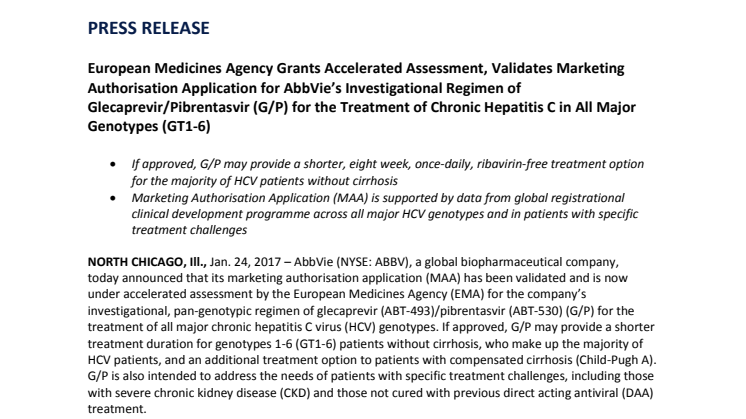 European Medicines Agency Grants Accelerated Assessment, Validates Marketing Authorisation Application for AbbVie’s Investigational Regimen of Glecaprevir/Pibrentasvir (G/P) for the Treatment of Chronic Hepatitis C in All Major Genotypes (GT1-6)