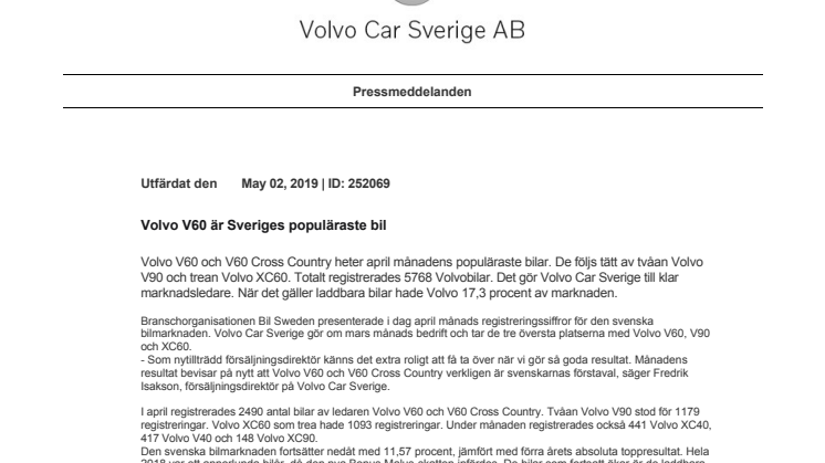 Volvo V60 är Sveriges populäraste bil