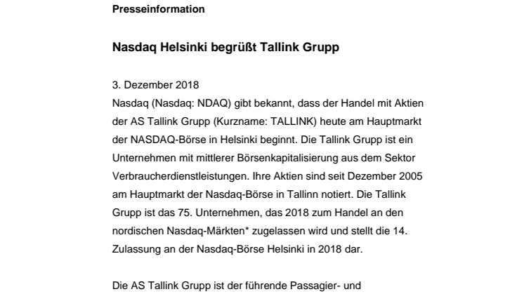 Nasdaq Helsinki begrüßt Tallink Grupp            