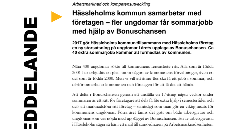 Hässleholms kommun samarbetar med företagen – fler ungdomar får sommarjobb med hjälp av Bonuschansen