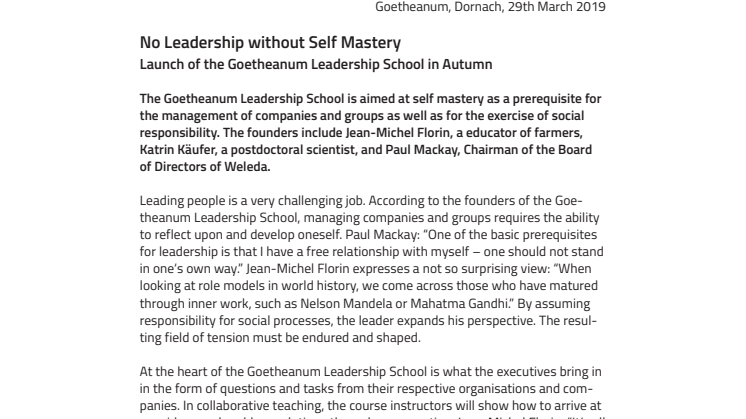 No Leadership without Self Mastery. ​Launch of the Goetheanum Leadership School in Autumn