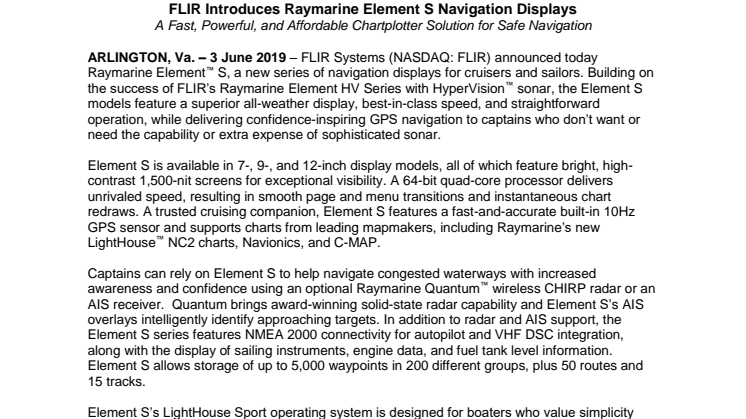 FLIR Introduces Raymarine Element S Navigation Displays