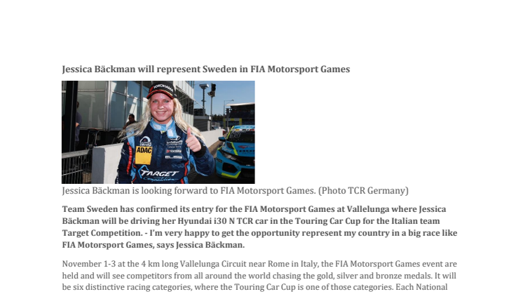 Jessica Bäckman will represent Sweden in FIA Motorsport Games